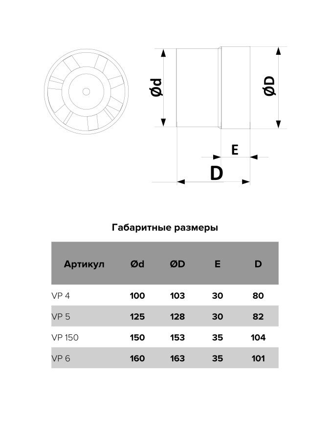 VP 4, Вентилятор осевой канальный вытяжной D 100 VP 4