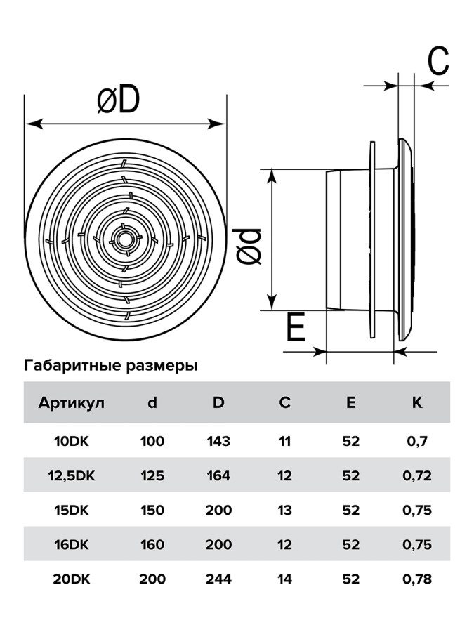 20DK, Диффузор приточно-вытяжной со стопорным кольцом и фланцем D200 20DK